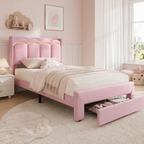 MEUBLIV Kinderbett 90x200 cm aus rosa Samt mit LED und Schublade, ohne Matratze (1/5)