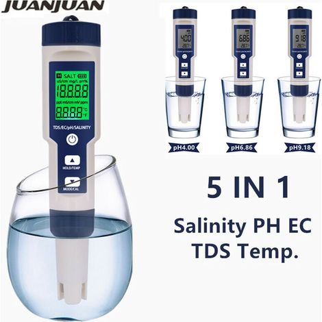Penna misuratore di purezza del filtro dell'acqua con retroilluminazione, tester digitale 5 in 1 per pH, TDS, EC, temperatura, salinità e conduttività. (1/5)