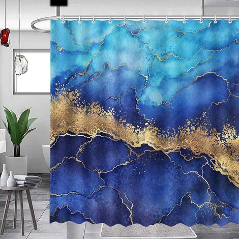 Rideau De Douche - Polyester Imprimé Marbre Bleu Marine - 180 x 180 cm - Avec Anneaux Métalliques Antirouille Et Crochets Blancs - 1 Pièce (1/5)