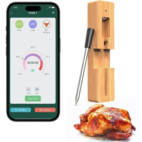 Thermomètre Cuisine Sans Fil Bluetooth 50m Thermometre Barbecue avec Fonction de Minuterie et D'alarme Connexion Sonde de Cuisson (1/5)