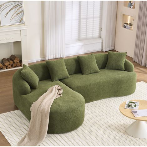 Canapé modulaire courbé en L avec chaise longue gauche, 3 places, chenille verte, OKWISH (1/5)