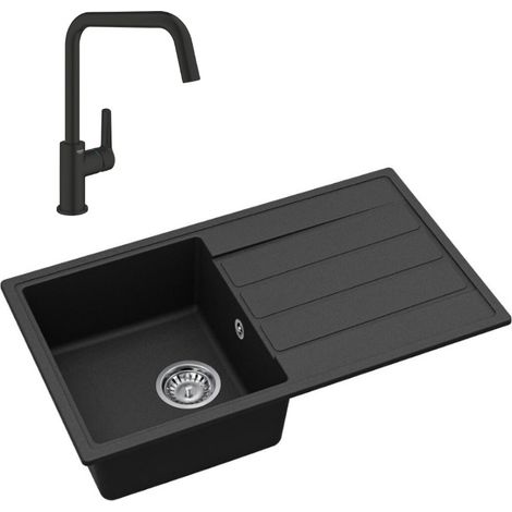 76x44 cm évier avec égouttoir réversible en Granite, à encastrer, noir + mitigeur lavabo/cuisine Grohe Start (SATSE3BG430)