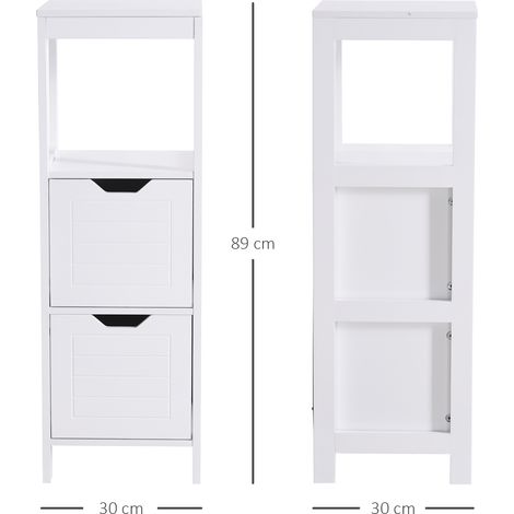 Meuble de salle de bain multifonctionnel avec étagère ouverte et 2 tiroirs de rangement, conception anti-basculement, 30 x 30 x 89 cm, blanc (1/5)