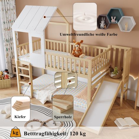 Lit superposé avec échelle latérale et toboggan, maisonnette avec toit et fenêtre, lit enfant sécurisé avec barrière et garde-corps, cadre en pin, naturel et blanc (90x200 cm) (1/5)