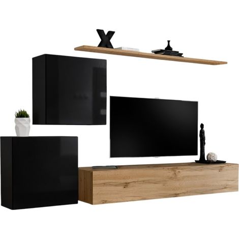Ensemble meuble salon SWITCH V design, coloris chêne Wotan et noir brillant.
