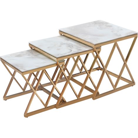 Lot de 3 tables gigognes guéridon marbre blanc métal doré triangles salon POP (1/5)