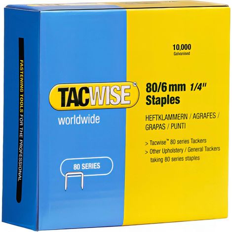 Boîte de 10000 agrafes galvanisées 80 L 6 mm 381 – Agrafes à fil plat pour tapisserie – Compatibles agrafeuses pneumatiques Tacwise