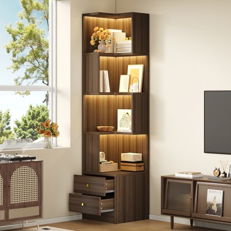 Vitrine d'angle en L 45 x 43,5 x 180 cm LED via appli, 4 étagères ouvertes, 2 tiroirs, Meubles de rangement, MDF, Marron (1/5)