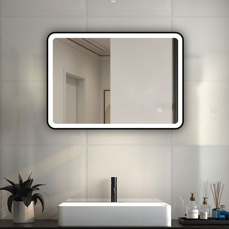 Bathroom LED Mirrors with Black Framed, Bathroom Mirror with 3 Colors Lights, Dimmable & Demister, Brightness Memory Function / Wall Switch / Touch Switch 500x700mm Horizontal / Vertical (1/5)