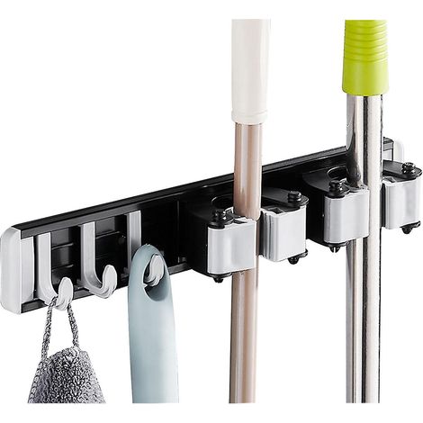 Mopphalter mit Haken, Besenhalter, bohr- und nagelfreie Wandmontage, Besenaufhänger-Organizer aus Aluminium
