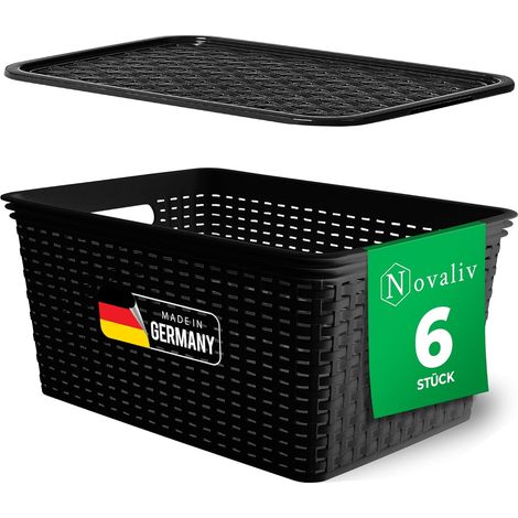 Novaliv lot de 6 boîtes de rangement avec couvercles, grand panier 14L, noir en rotin, panier de rangement alimentaire, boîtes empilables