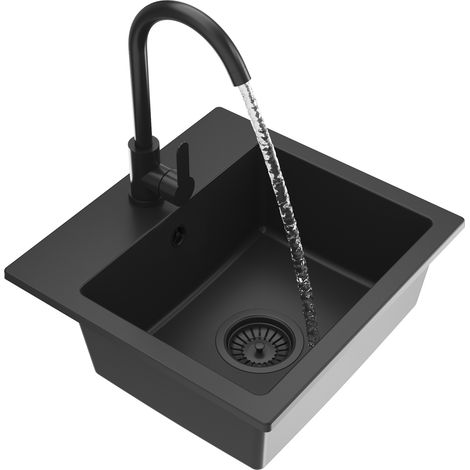 Évier de Cuisine en Granit Noir TEOR 1 Bac avec Mitigeur PRESTIGE et Siphon Mural - Compact et Design (1/5)