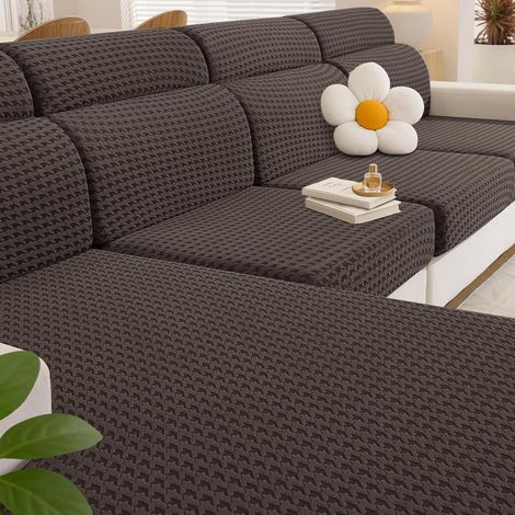 Housse de coussin de siège de canapé extensible, universelle, forme L, 3 places + méridienne, marron (1/5)