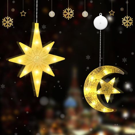 Lumières de ventouse de Noël LED, décoration d'étoiles de Noël, fenêtre décorative de Noël lune et étoiles, pour intérieur, maison et fête, guirlande LED (1/5)