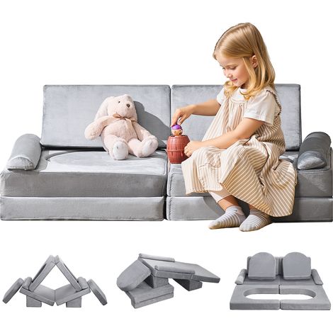 VEVOR Canape de Jeu Modulaire pour Enfants Composant 10PCs, Canape Sectionnel Convertible, avec Accoudoirs, en Eponge 28D et Poils Courts, Sofa Tout-petits pour Chambre d’Enfants Salle de Jeux, Gris (1/5)