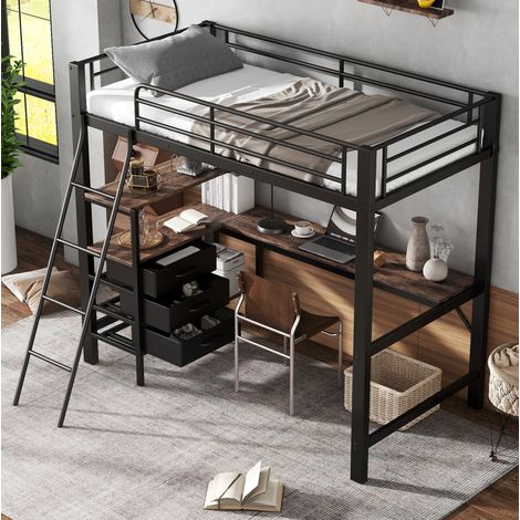 Cama alta de metal y aglomerado negra y nogal oscuro 90x200 cm con escritorio de 2 m y 3 cajones (1/5)