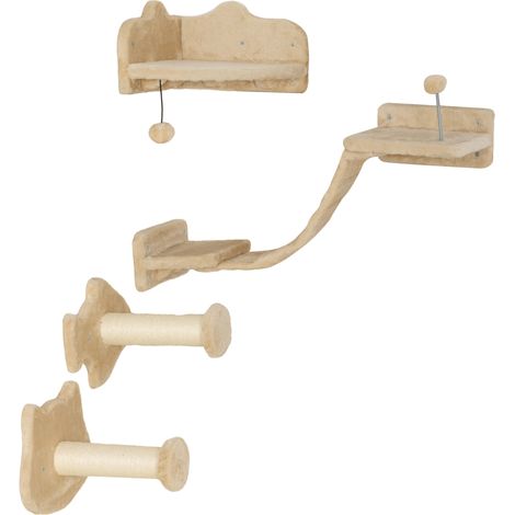 Arbre à chat mural avec 2 poteaux en sisal, double plateforme avec échelle souple et 1 plateforme de saut, beige (1/5)
