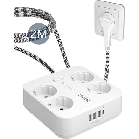 Rallonge Multiprise avec 3 USB A et 4 Prises européennes CA Rallonge Multiprise 2M, Bloc Parafoudre avec Interrupteur, Taille compacte, Blanc Multiprise Bureau (1/5)