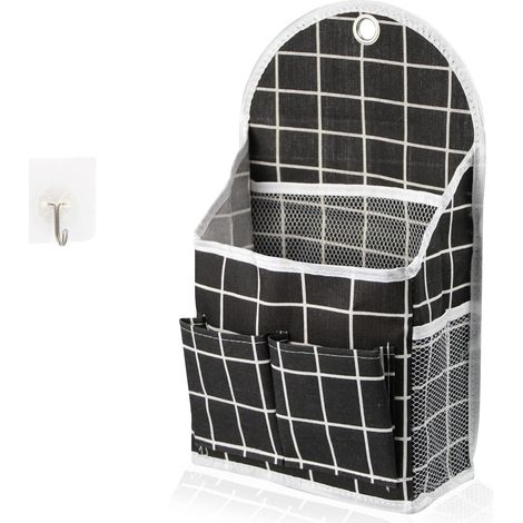 Sac de rangement mural en lin, organisateur mural sans perçage, pochette de rangement à suspendre à la porte, avec 6 poches de rangement et 1 crochet de suspension, noir (1/5)
