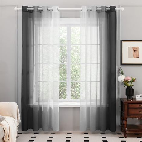 Lot de 2 Rideaux Voilages, Décoration Rideau à Oeillets, 132×213 CM, Dégradé de Couleur pour Chambre Enfant Fille Salon Maison Fenêtre Balcon, Noir (1/5)