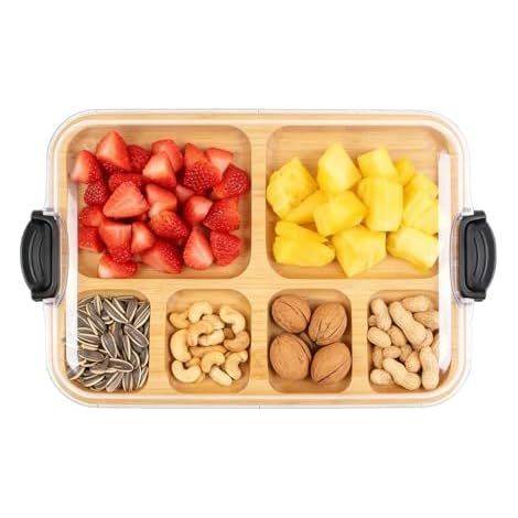 Planche à fromage avec couvercle verrouillable, plateau en bambou, boîte à goûter pour l'intérieur et l'extérieur, facile à transporter et à garder au frais (rectangulaire) (1/5)