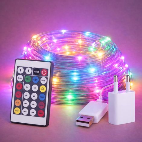 Guirlande lumineuse LED d'extérieur avec USB, 15m, lumière RGB : lumières changeantes de couleur, étanche IP65, idéale pour les terrasses et les jardins, télécommande incluse. LM2969. (1/5)