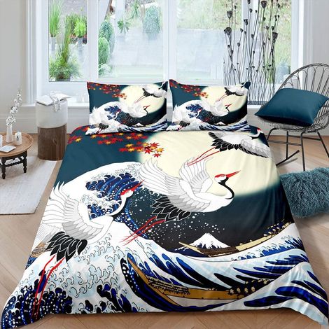 Parure de lit Ukiyoe japonaise Hokusai Style japonais Pour enfants et adultes Style exotique Oiseau Housse de couette Ultra douce Double fermeture éclair (1/3)