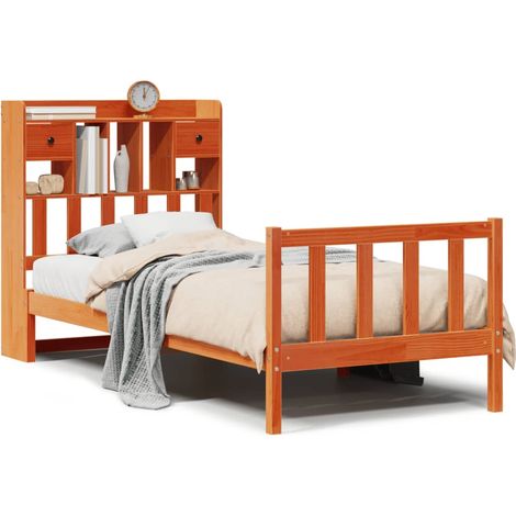 Lit simple  Lit adulte  Lit bibliothèque sans matelas cire marron 100x200 cm pin massif