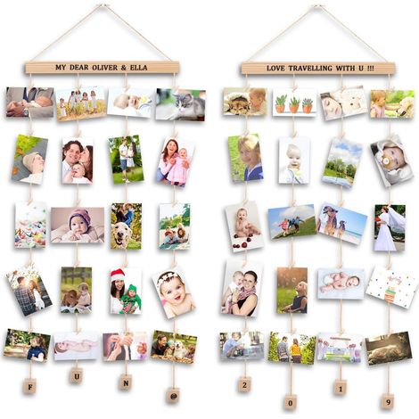 Cadre Photo Mural Pêle Mêle Photos avec Porte Photos Pinces, Décoration Maison et Cadeau Mariage Anniversaire (lot de 2, avec autocollant d'alphabet et de nombre) (1/5)
