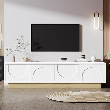 Meuble TV Blanc Moderne,Design incurvé minimaliste,Grand espace de rangement et gestion des câbles,175x40x42 cm