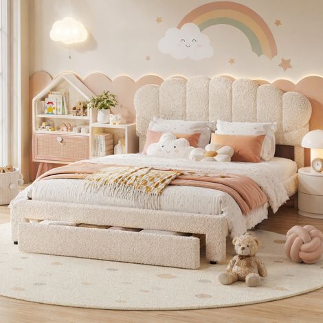 Superaly Lit Double Capitonné 160x200 cm, avec 1 tiroi, Tête de Lit Réglable Motif Vagues, Ports USB et Type-C, Sommier à Lattes, capacité de charge 300 kg, Style Nordique,Teddy velours, beige.