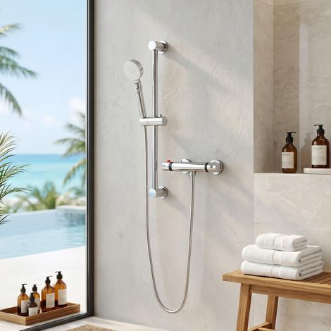 Columna de ducha termostática 5 jets, 38 °C antiquemaduras, barra deslizante, acabado cromado, barra ajustable inox (1/5)