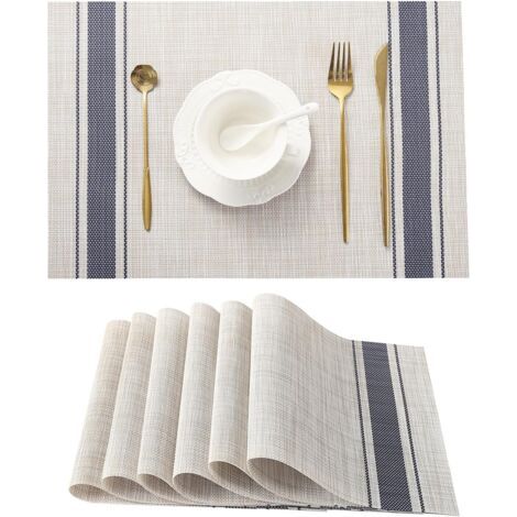 Sets de table kaki-bleu, antidérapants et résistants à la chaleur, lavables et durables en vinyle PVC tissé (lot de 6) (1/4)