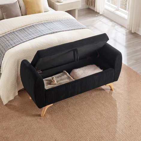 Panca in velluto a coste con contenitore e gambe in legno 145 x 51 x 57 cm nera OKWISH (1/5)