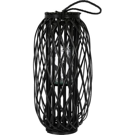 ECD Germany Lanterna Intrecciata a Mano 60 x Ø 27 cm Candeliere da Giardino Inserto in Vetro Manico Nero Decorazione Portacandele in Fibra con Corda per Interni Esterni Ornamento in Legno Artigianale