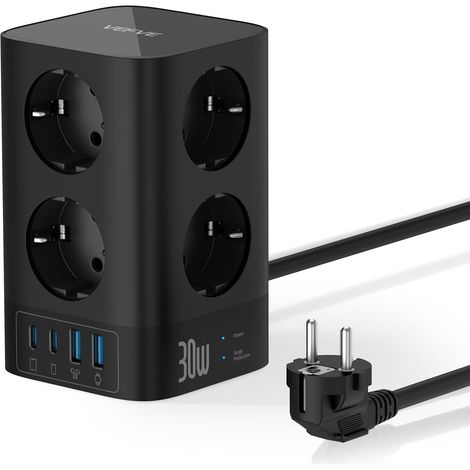 Multiprise Tour 12 en 1 (4000W 16A), Bloc Prise Parafoudre avec USB C 30W Charge Rapide, 8 Prises Françaises et 4 USB, Interrupteur, Câble 5m, Noir (1/5)