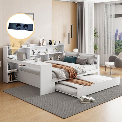 Letto matrimoniale con scrivania e ripiani in legno 140x200 OKMYHOME (1/5)