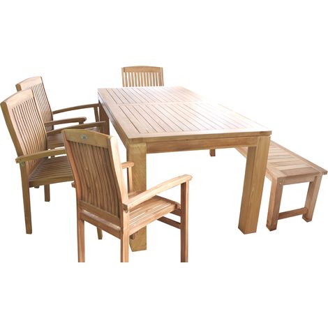 Teak Set für Terasse oder Esszimmer, 1xTH014 Tisch 180x90x75 + 1xBank NB41A + 4xNC72 Stapelsessel-MTH031 (1/3)