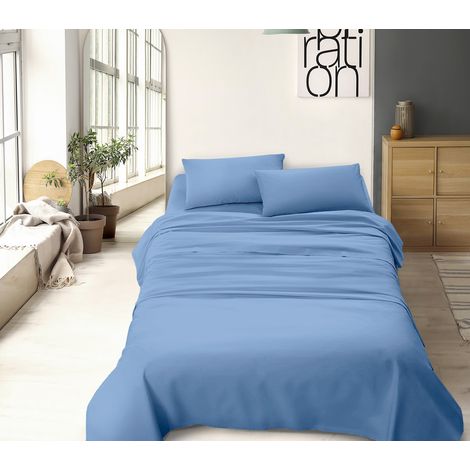 Completo letto misura alla francese a tinta unita prodotto italiano set lenzuola 100% cotone Azzurro - Francese (1/5)