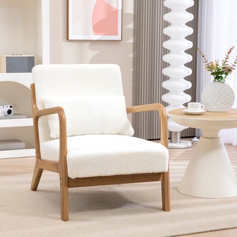 Lounge-Sessel – inklusive 3 Kissen – tiefe Sitzfläche – Armlehnen – Gestell aus Gummibaumholz – cremefarbener Samtbezug