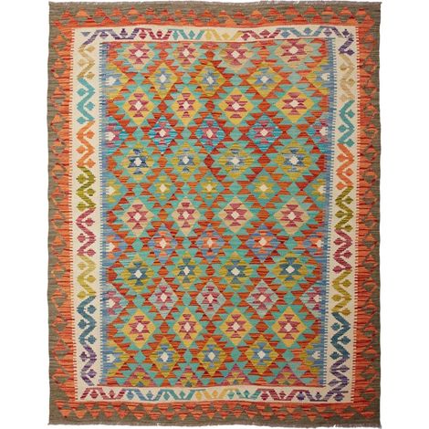 Tapis kilim, 156 x 198 cm, motif ethnique, multicolore, bleu, orange, en laine naturelle, tissé à plat, artisanal (1/5)