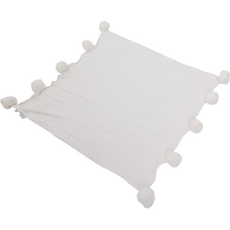Plaid blanc 90x90cm en coton tricoté à pompons pour canapé, lit, voiture, camping (1/5)