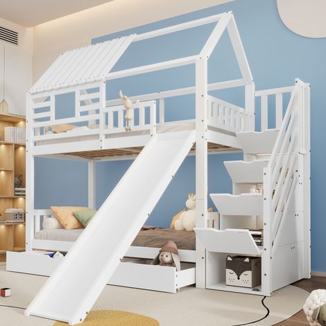 Letto a castello 90x200 cm bianco in pino e MDF con scala contenitore e scivolo (1/5)