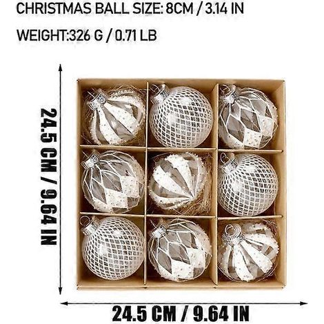 Lot de 9 boules de Noël multicolores de 9 cm pour sapin, décorations à suspendre pour Noël et le Nouvel An (blanc). (1/5)