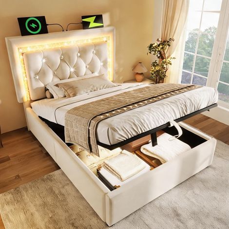 Cadre de lit beige en velours 209 x 101 x 104 cm (1/5)