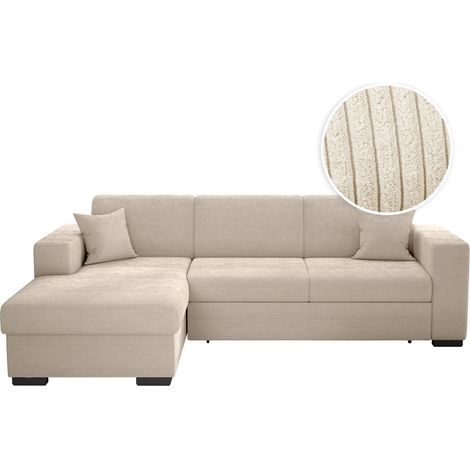 Loungitude – Canapé d'angle convertible FUJI XL avec coffre en velours côtelé – Angle gauche – Beige – Confort optimal pour salon moderne (1/6)