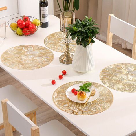 Lot de 6 sets de table ronds dorés, sets de table en PVC doré, sets de table ajourés, sets de table en vinyle pressé, sets de table antidérapants résistants à la chaleur pour mariages, sets de (1/4)