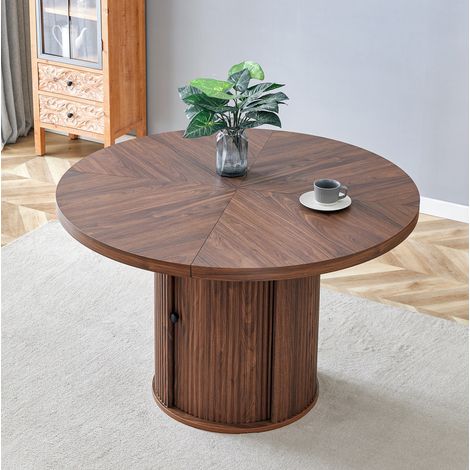 Mesa de comedor redonda nogal 115 cm con almacenamiento integrado, pie central de MDF, estilo escandinavo, para 4 a 6 personas (1/5)