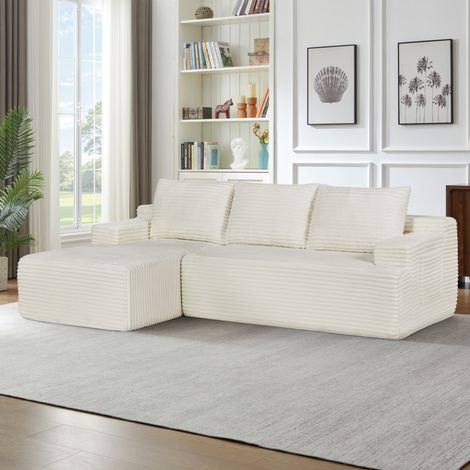 Canapé d’angle modulaire en velours côtelé beige, assise profonde, mousse et ressorts ensachés, méridienne à gauche, 238×152×66 cm (1/5)