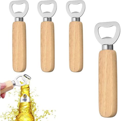4 Pieces Wooden Handle Beer Bottle Opener, Bottle Opener with Wooden Handle, Wooden Bottle Opener, Beer Bottle Opener with Wooden Handle for Home, Kitchen, Bar, Gift (1/5)